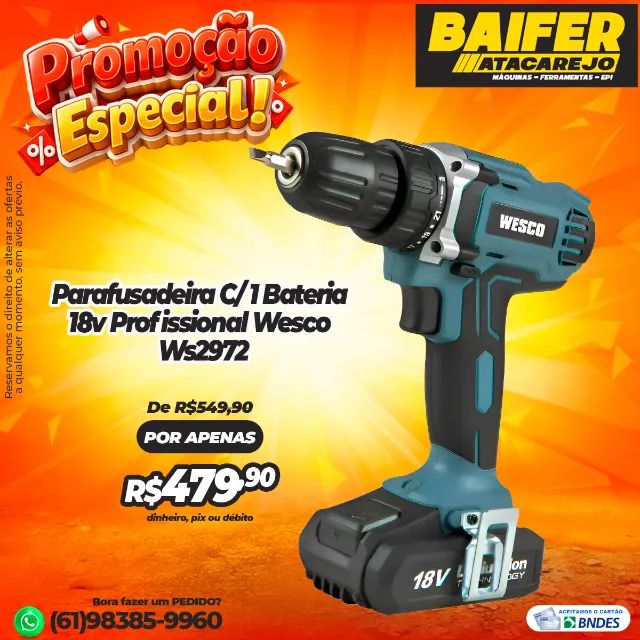 Parafusadeira Com 1 Bateria 18v Profissional Wesco Ws2972
