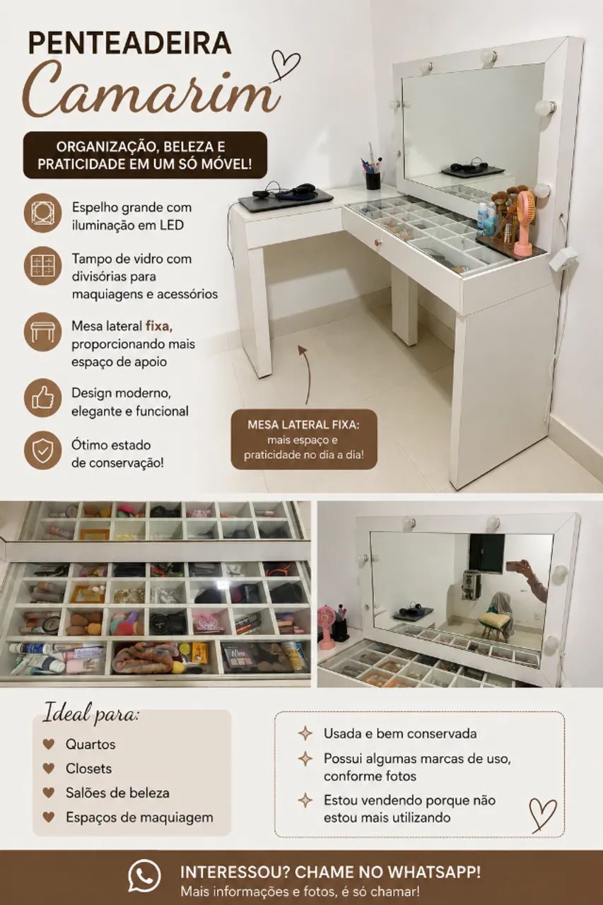 Penteadeira Camarim com espelho e iluminação - MDF