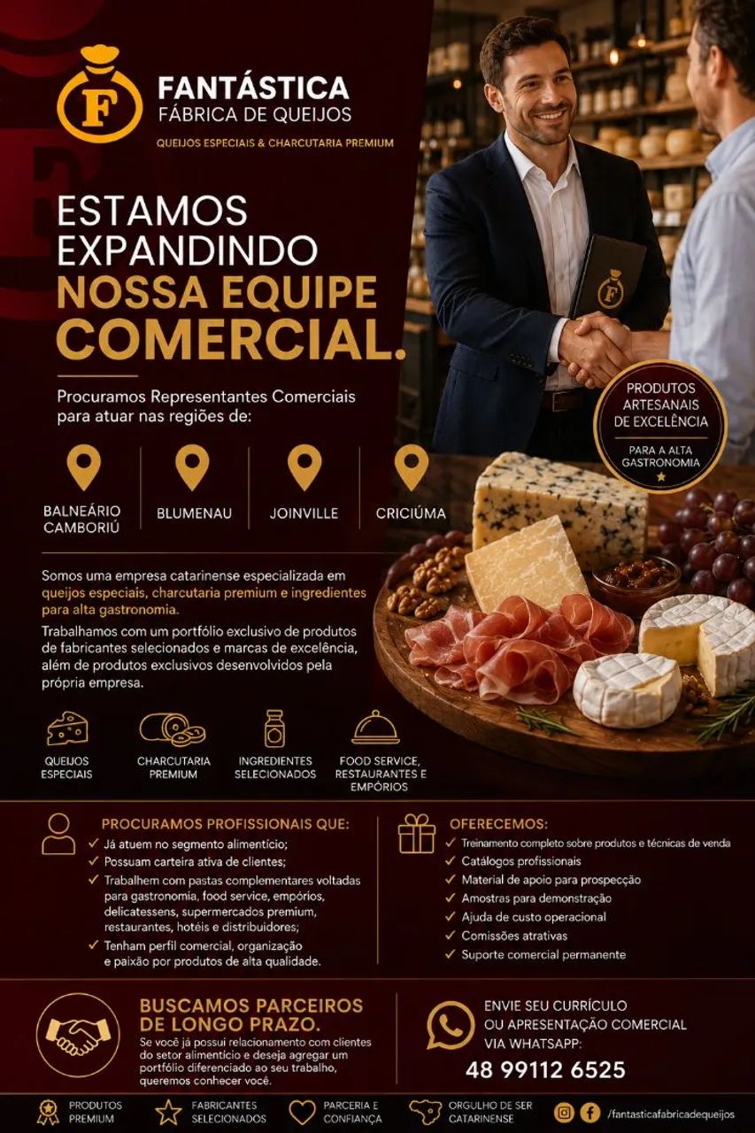 Vaga para Representate Comercial PJ. Setor alimentício/Alta gastronomia.
