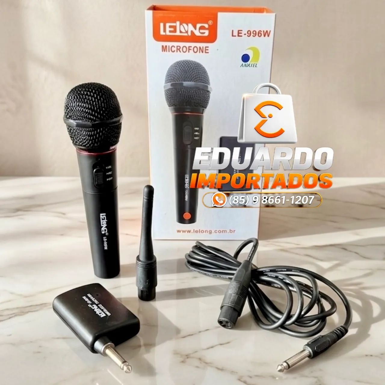 Microfone 2x1 com fio e Sem fio dinâmico para Caixa de som, Karaokê 