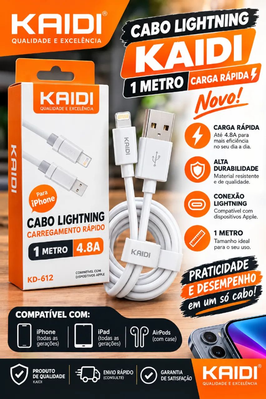 Cabo Lightning KAIDI 1 Metro Carga Rápida Novo