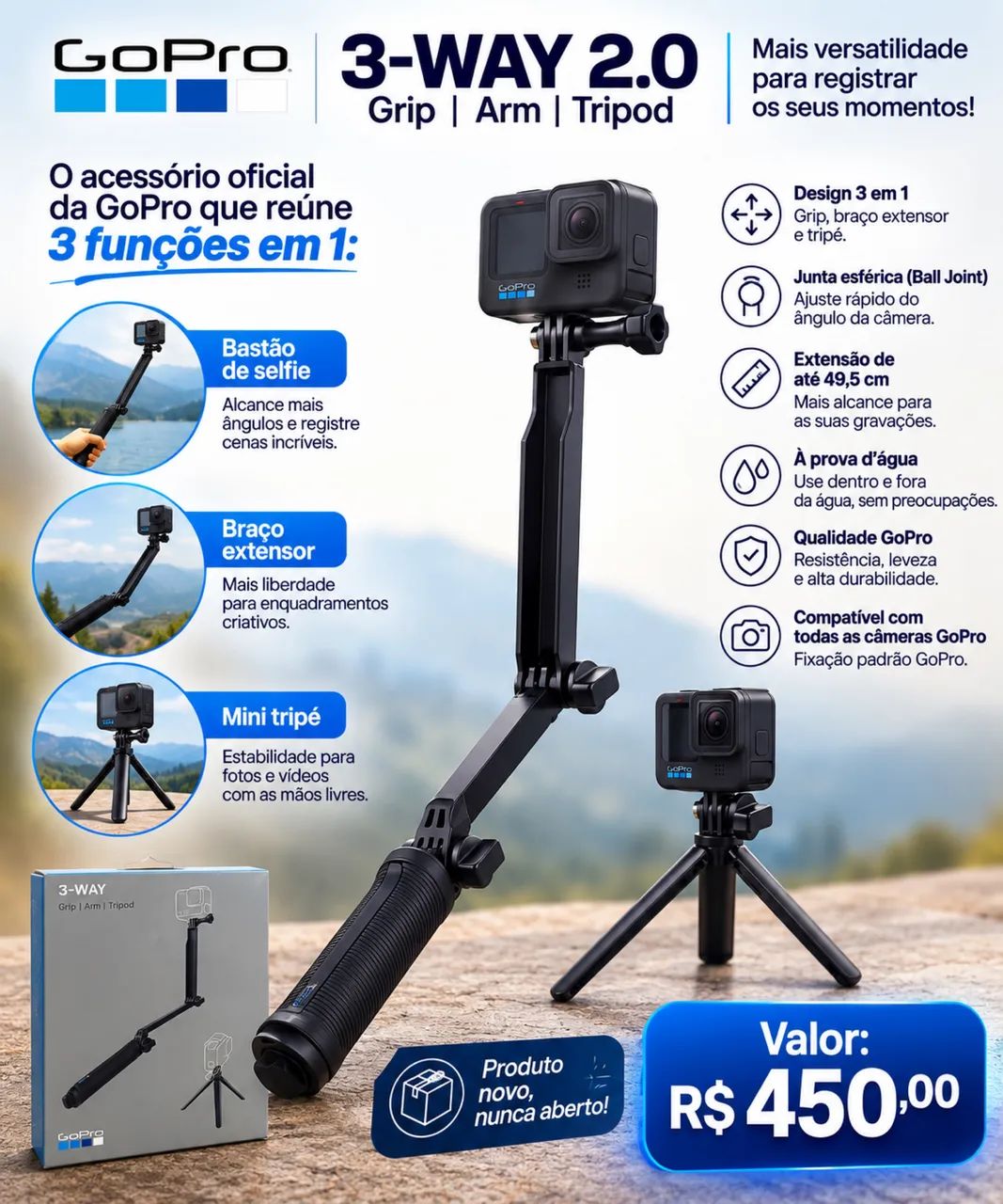 Bastão selfie GoPro 3-way