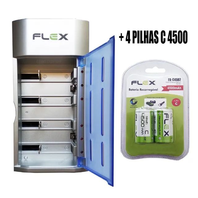 Carregador de Pilhas Flex AA AAA C D Baterias 9v Led com 4 Pilhas C 4500 mAh Recarregáveis