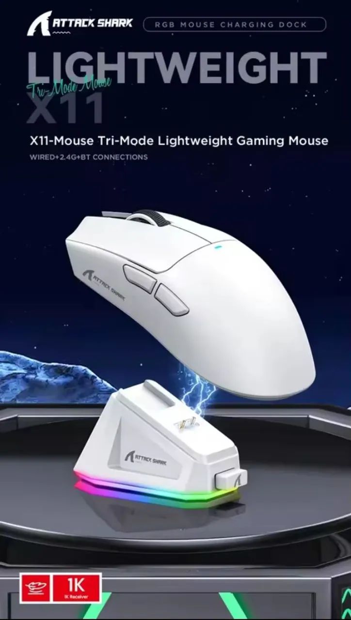Mouse Gamer Attack Shark X11 Wireless Tri Mode 22000 DPI Base RGB - Foto 2