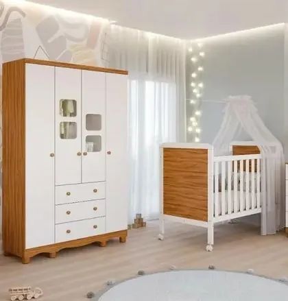 Roupeiro Lumi 4 Portas + Berço Americano Cloe, 100% MDF - Peroba  - Foto 2