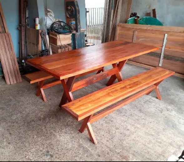 Mesa Pé X com 2 bancos 200×90 peroba rosa  - Foto 2