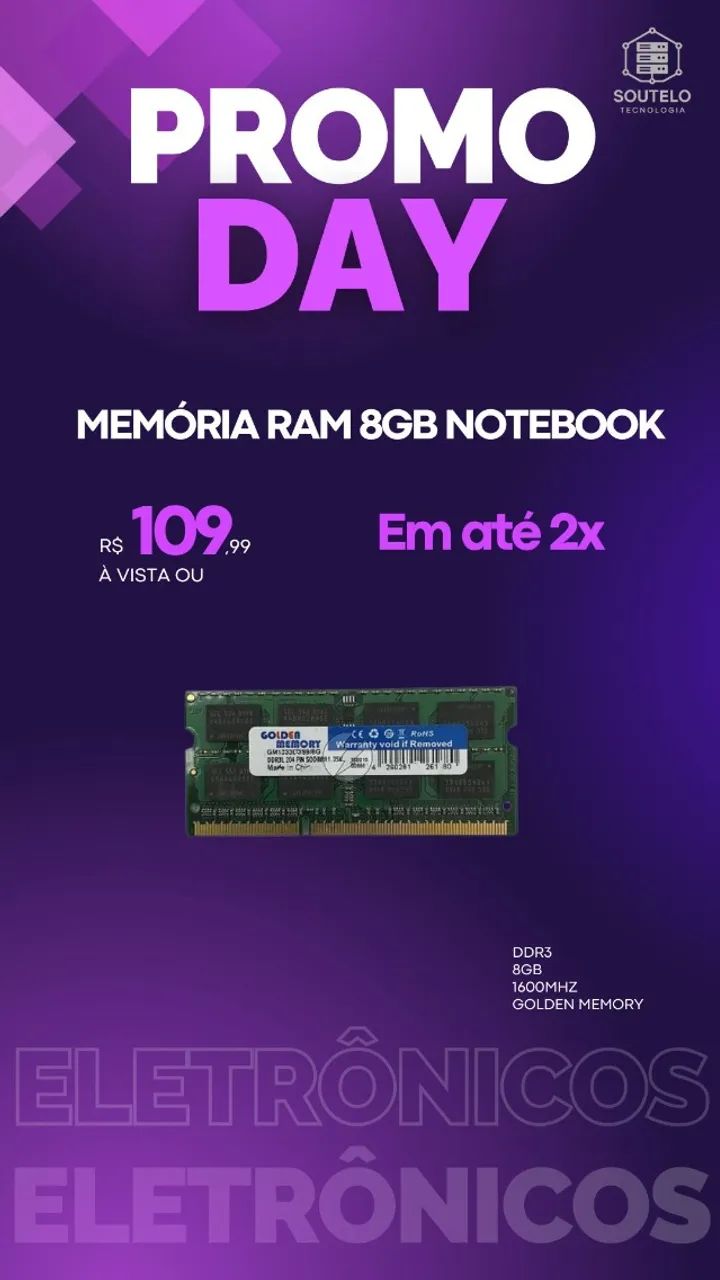 Memória RAM 8GB DDR3 1600MHz
