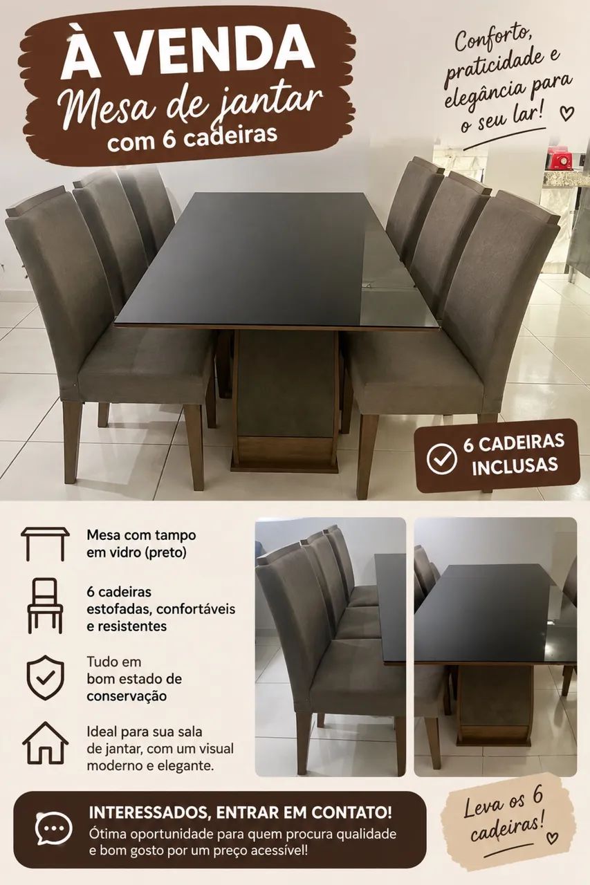 Mesa de vidro preta com 6 cadeiras 