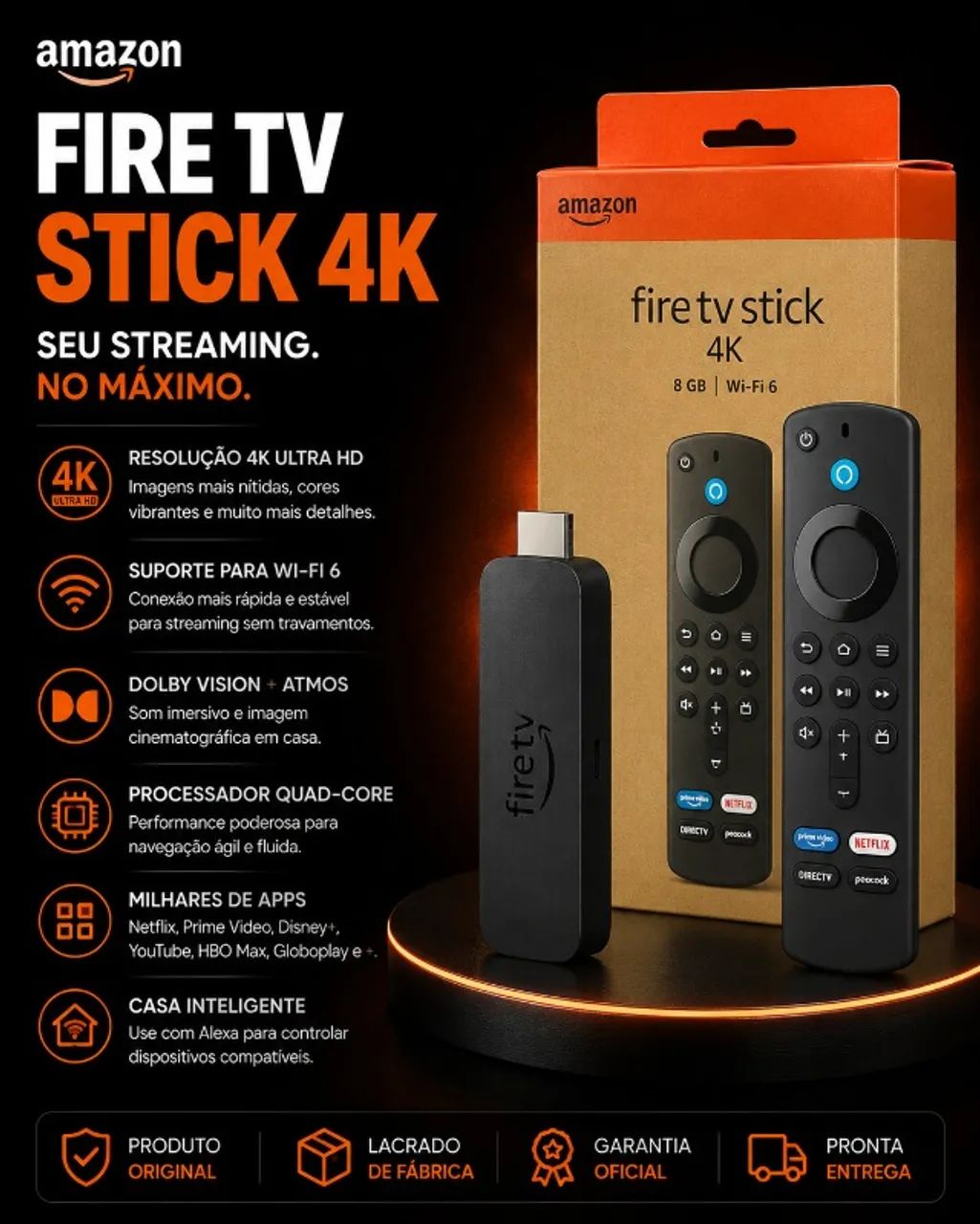 Amazon Fire TV Stick 4K Streaming 4K Com Controle de Voz