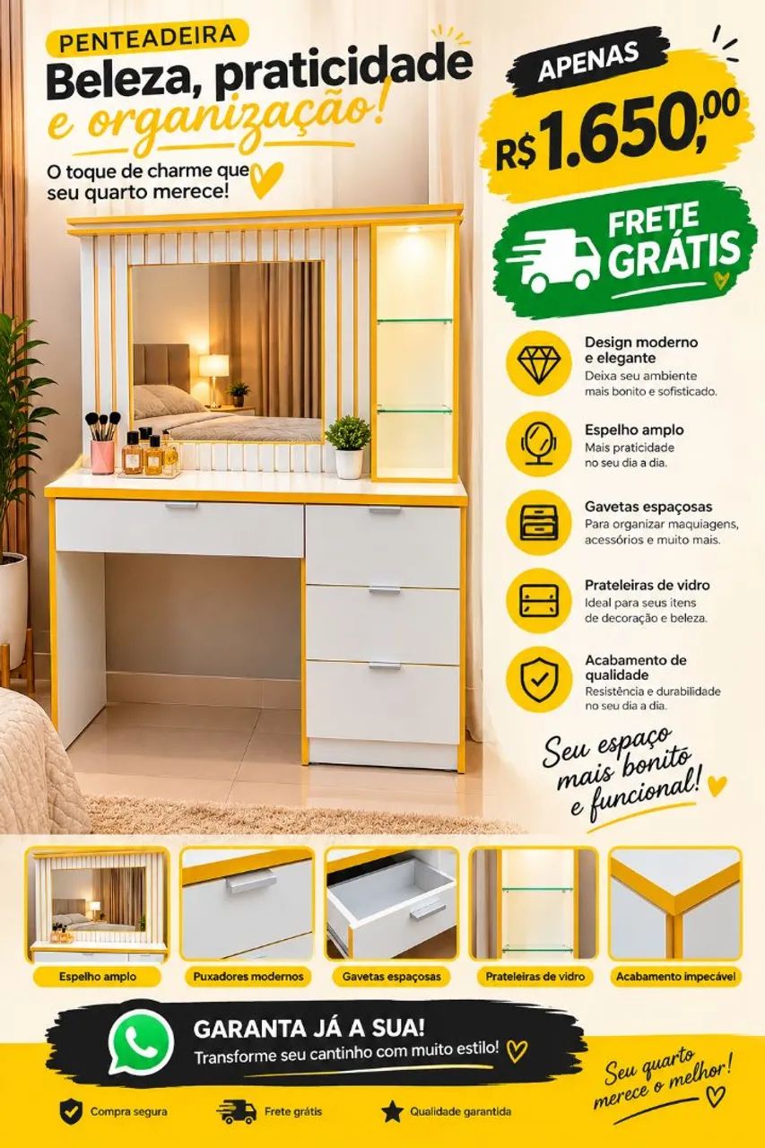 ? PENTEADEIRA BRANCA E AMARELA ? BELEZA E SOFISTICAÇÃO PARA SEU QUARTO! ? - Foto 2