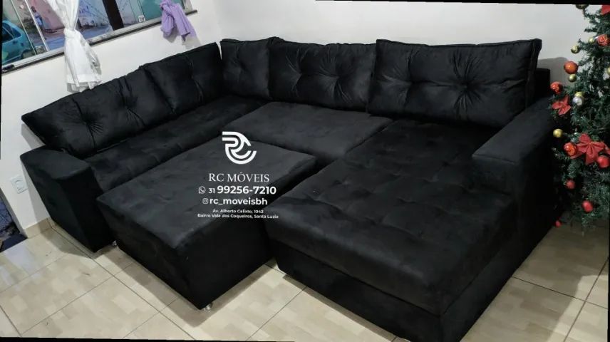 Sofá de canto Grande 3,10m com Chaise e Puff veludo macio D33 Premium - Foto 5