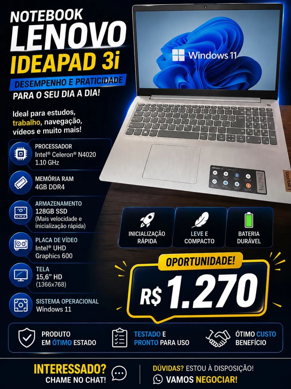 Notebook Lenovo IdeaPad 3i - R$ 1.270
