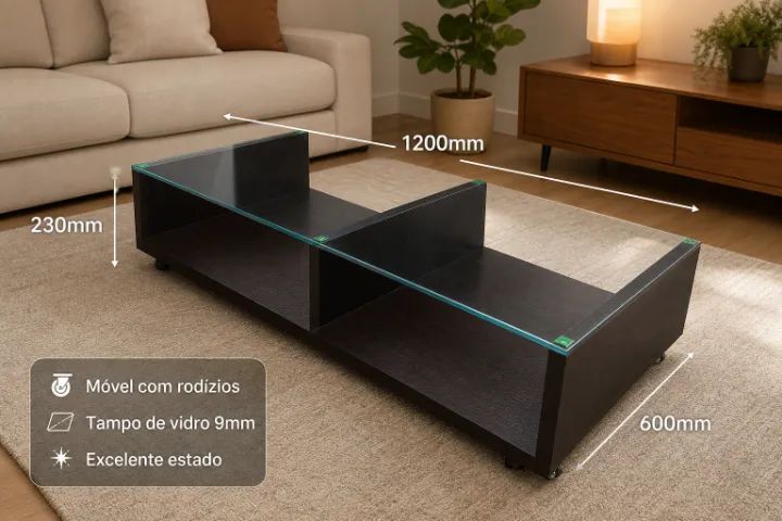 Mesa de centro, Balcão Móvel com Tampo de Vidro  - Foto 3