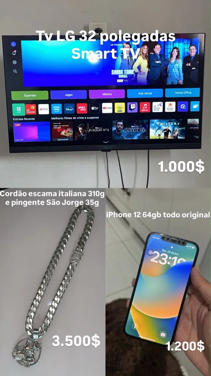 Tv smart, cordão de prata e iPhone 12 64gb