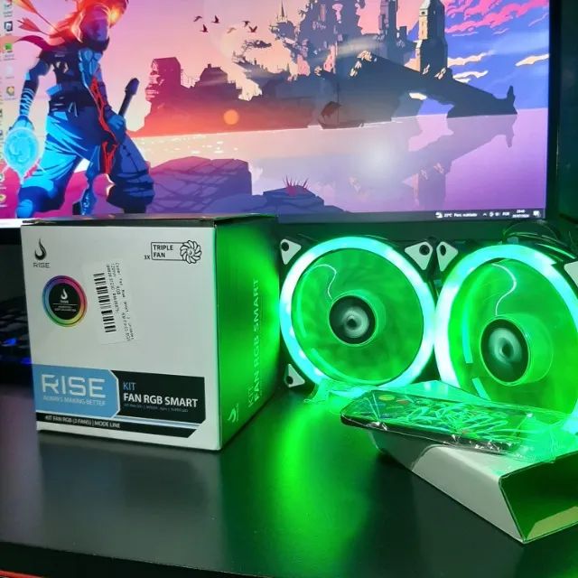 Kit Com 3 Ventoinhas Rise Mode, 120mm, Preto - RGB + Controladora + Controle