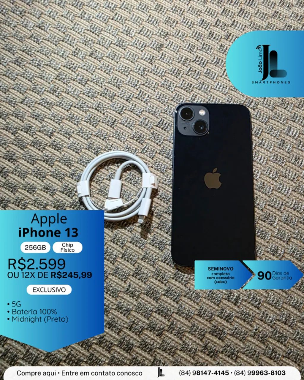 IPHONE 13, 256GB, PRETO, CHIP FÍSICO, SEMINOVO SEM CAIXA