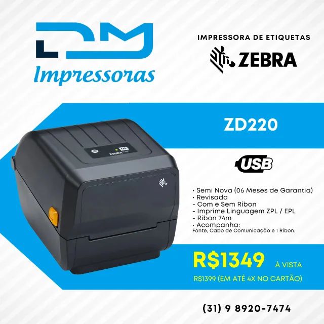 Impressora Térmica de Etiquetas Zebra ZD220 (06 Meses Garantia)