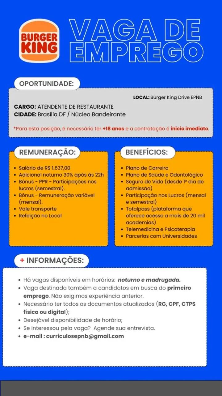 Vaga de emprego atendente burguer king 1