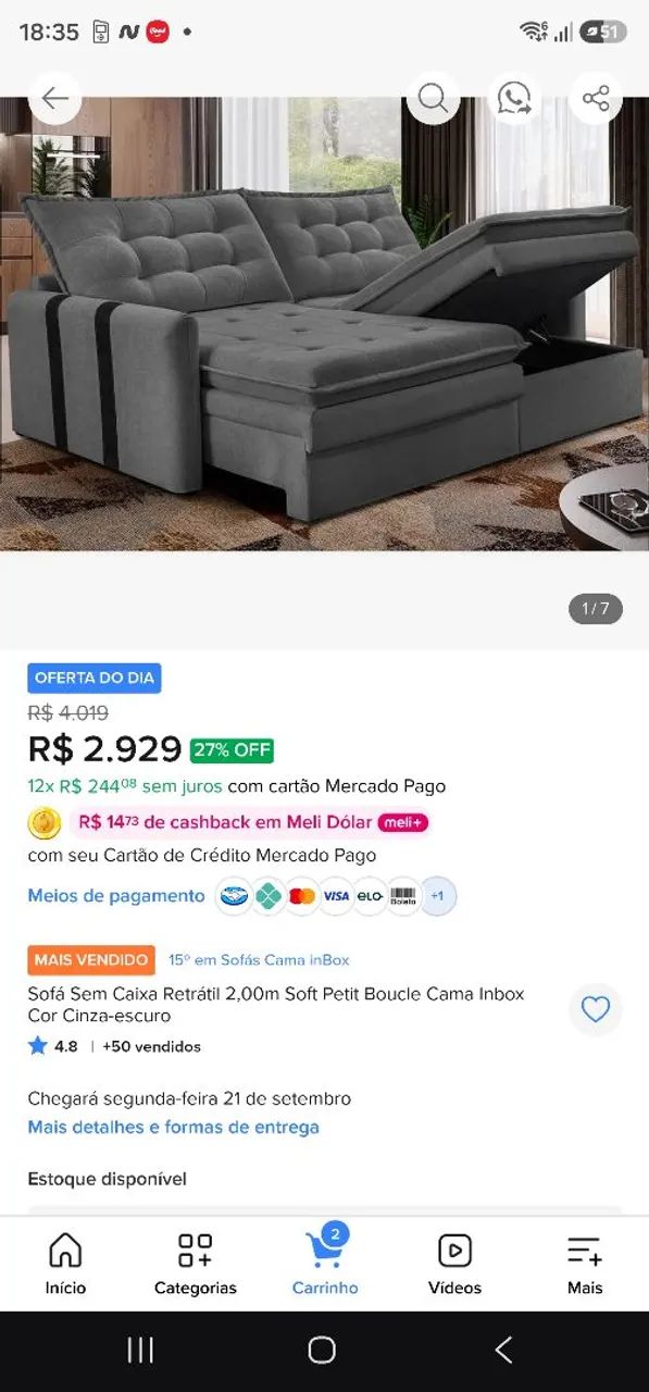 Sofá com box, marca cama in box, novo.