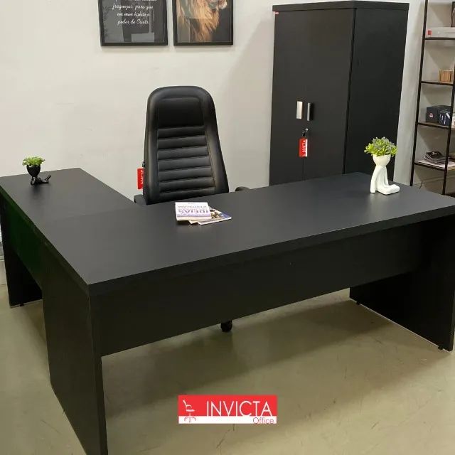 Mesa Em L 150cm Preta com gavetas para Escritório/Home Office
