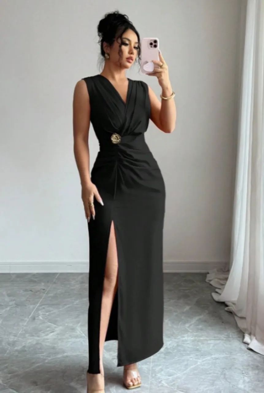 Olia Maree Vestido Aderente Plissado com Abertura Lateral