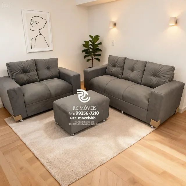 Conjunto Sofá 2 e 3 Lugares Puff Suede Bege D33 Aconchegante - Foto 2