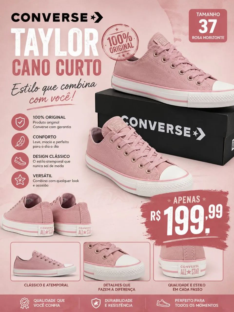 Tênis Converse Taylor Cano Curto TAM 37 LACRADO 100% Original