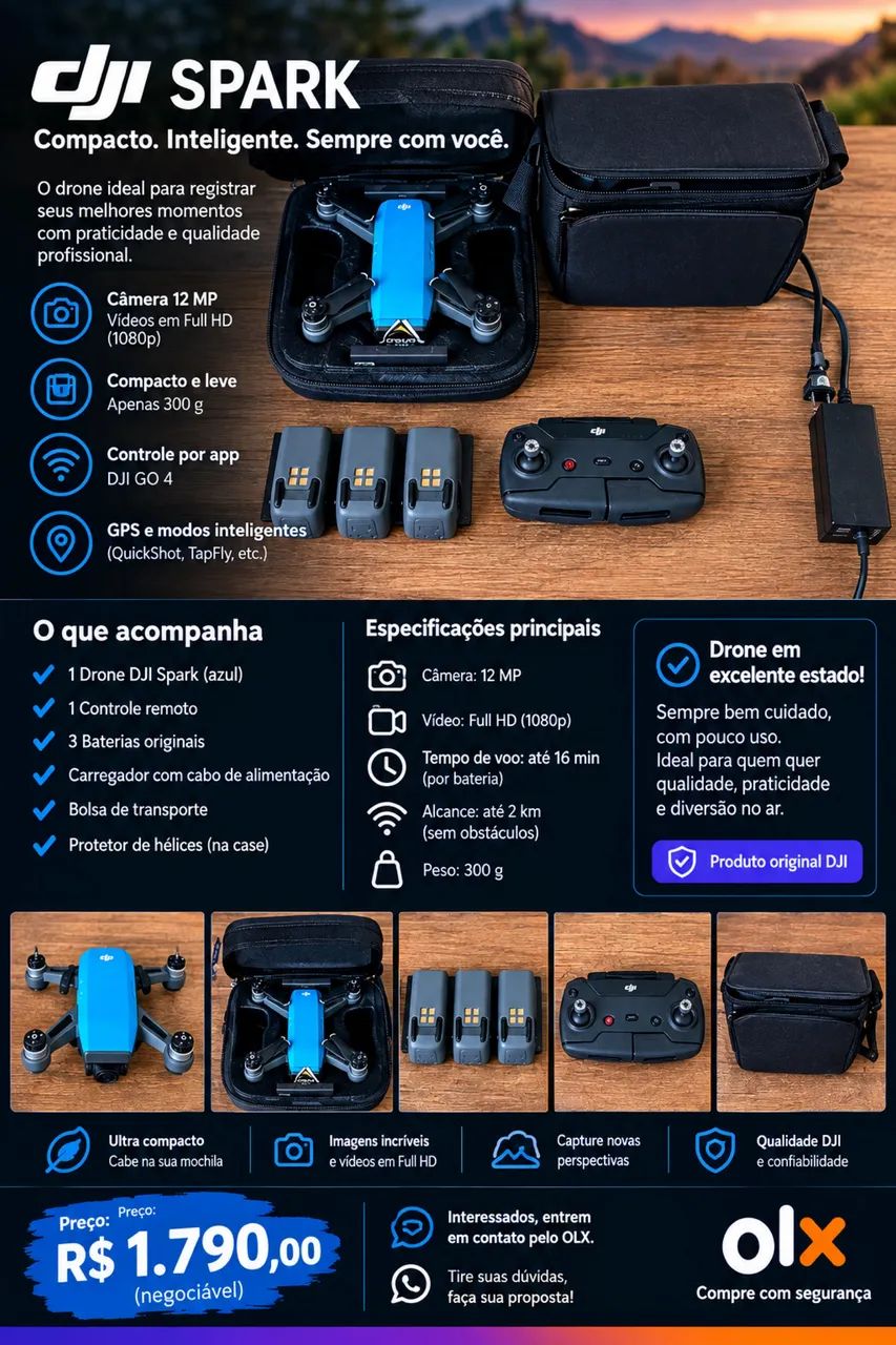 Drone DJI Spark Original + 3 Baterias + Controle + Case - Excelente Estado - Foto 4