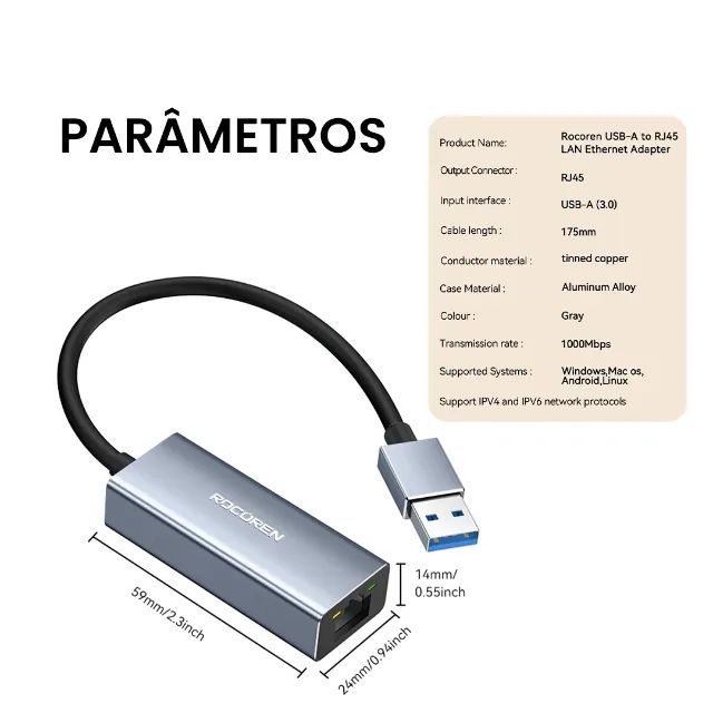 Adaptador de Rede Recoren | USB-A 3.0 RJ45 Ethernet | Alumínio | 1Gbps -Entrega Grátis- - Foto 6