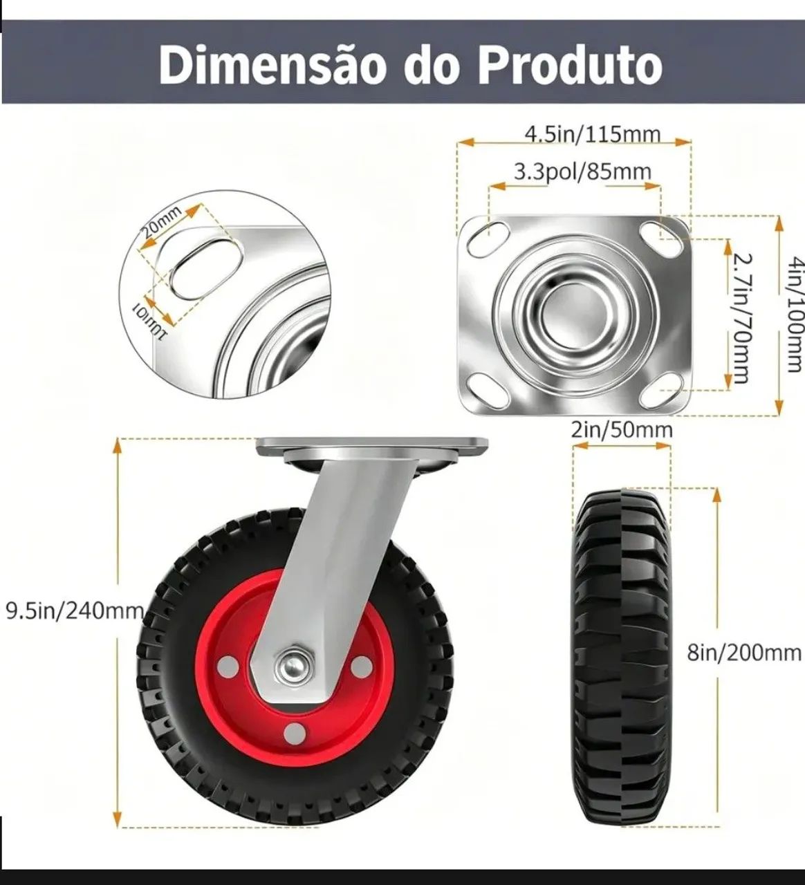 Kit 4 Rodinha Rodízio Com Pneu Borracha Pesados 8 Polegadas - Foto 2