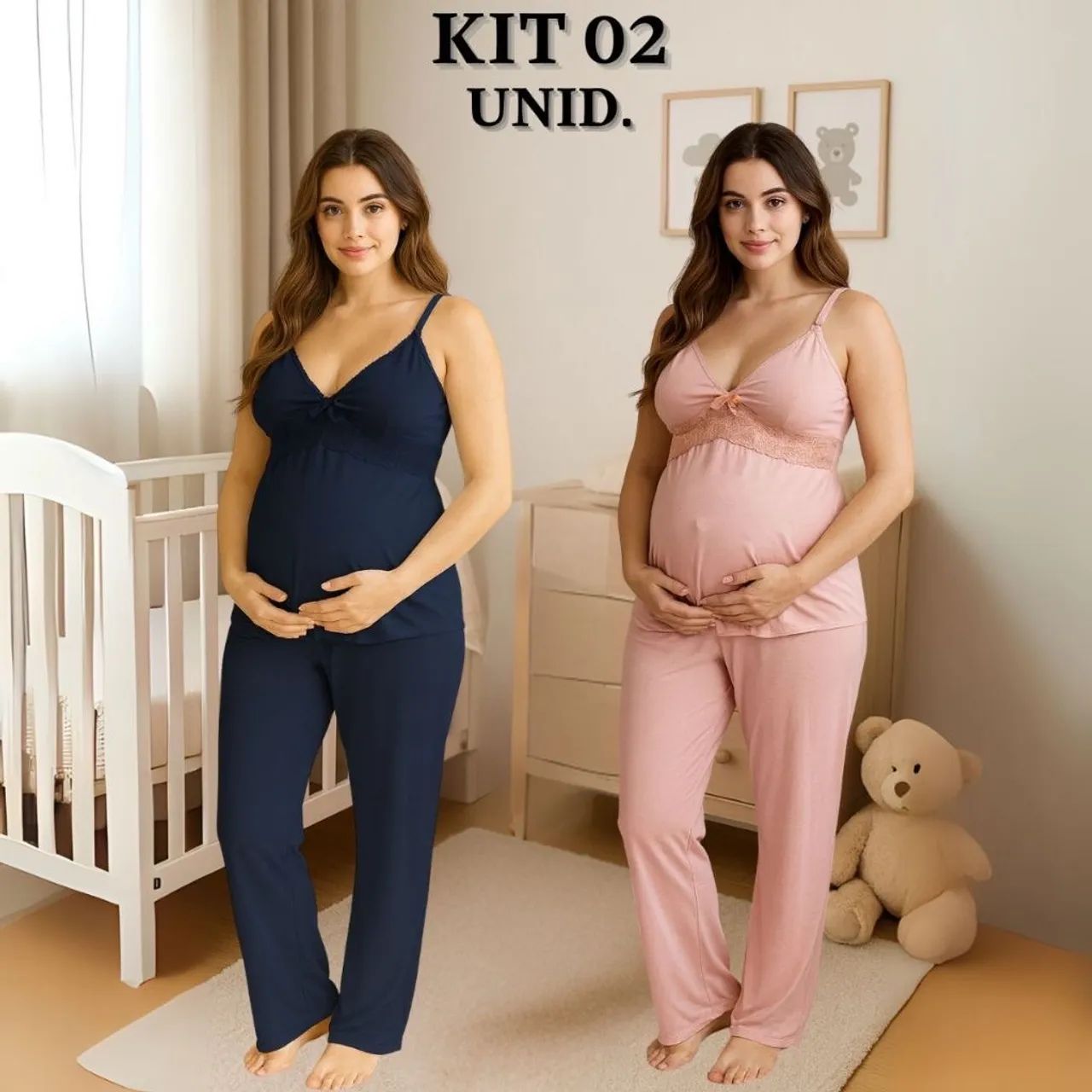 KIT 02 Pijamas Amamentação com Renda e Blusa abertura em Click Alça Reforçada - Foto 2