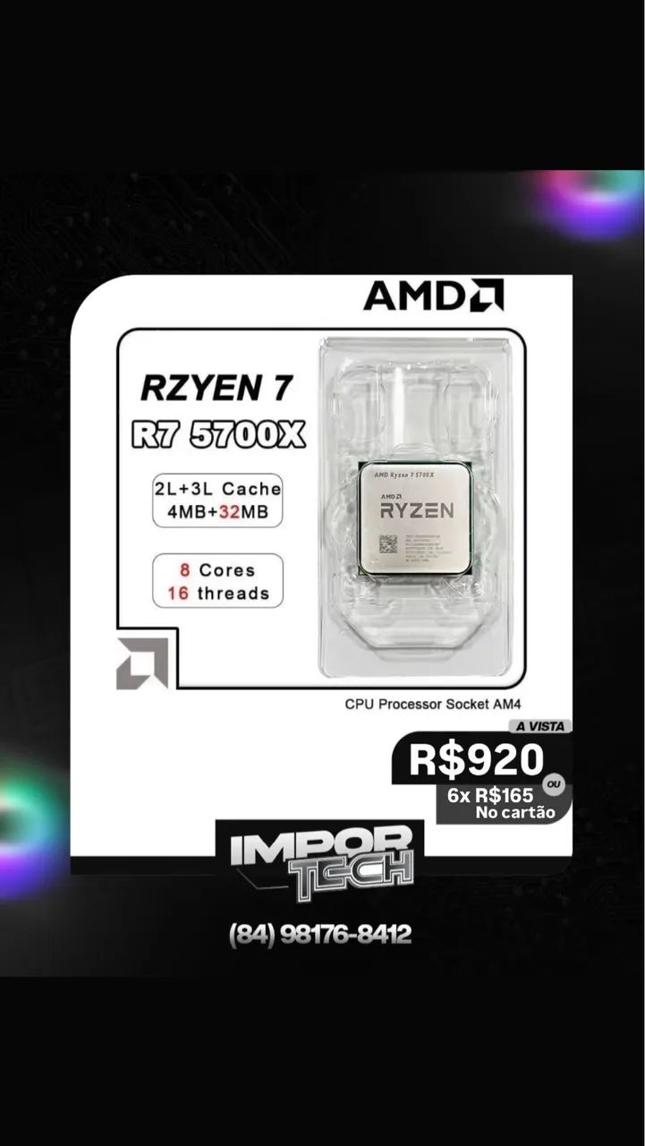 Processador AMD Ryzen 7 5700X 3.4GHz (4.6GHz Turbo), 8-Cores 16-Threads, AM4, Sem Cooler.