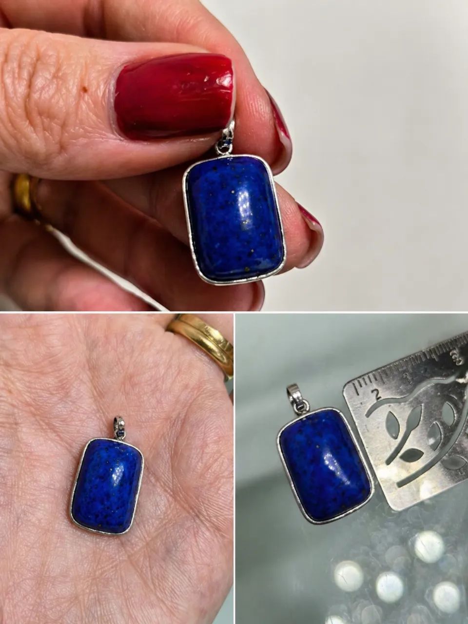 Pingente em ouro branco 18k pedra Lapiz-Lazuli Retangular