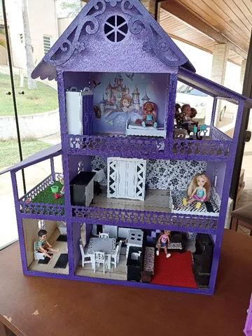 Casa casinha bonecas polly barbie madeira pintado e adesivado - Ri