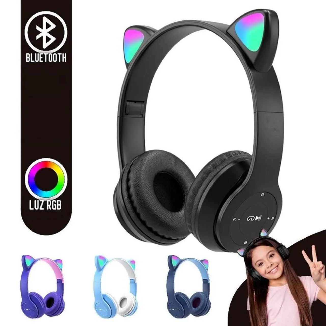 Headphone Bluetooth Orelhas de Gato LED RGB