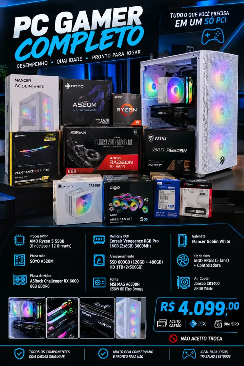 PC GAMER RYZEN 5 5500 e Rx 6600