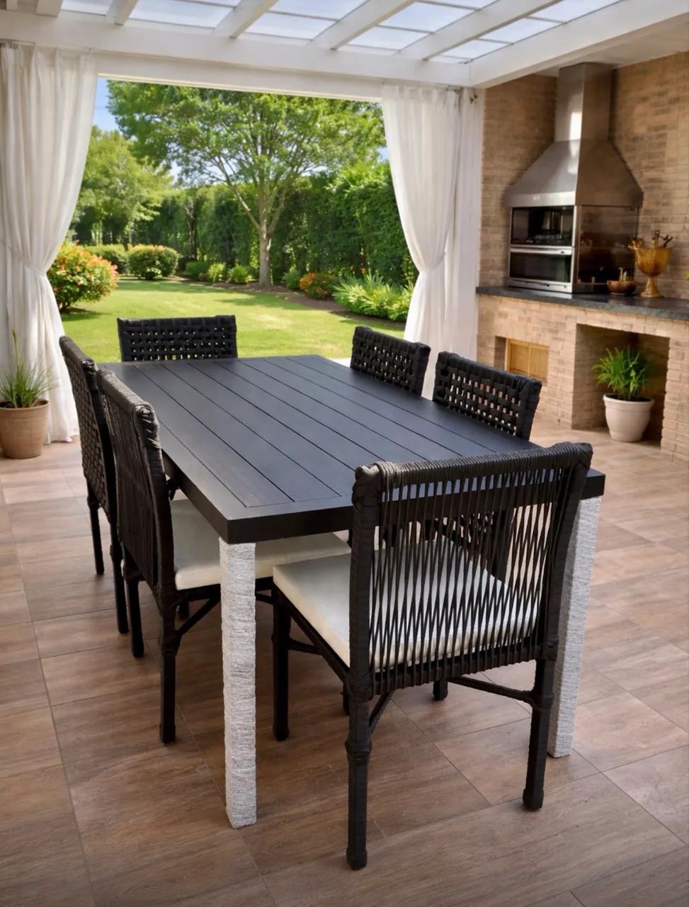 Mesa de jantar area externa cadeira corda nautica 