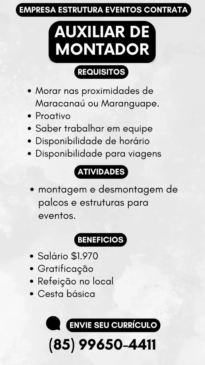 Vaga para auxiliar de montador 
