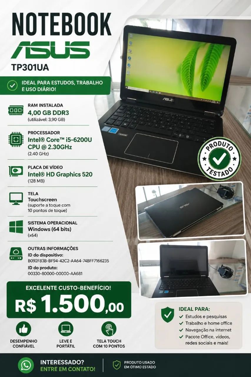 Notebook Asus TP301UA, 4gb de ram, ssd 120GB, core i5 620OU, touch-screen 