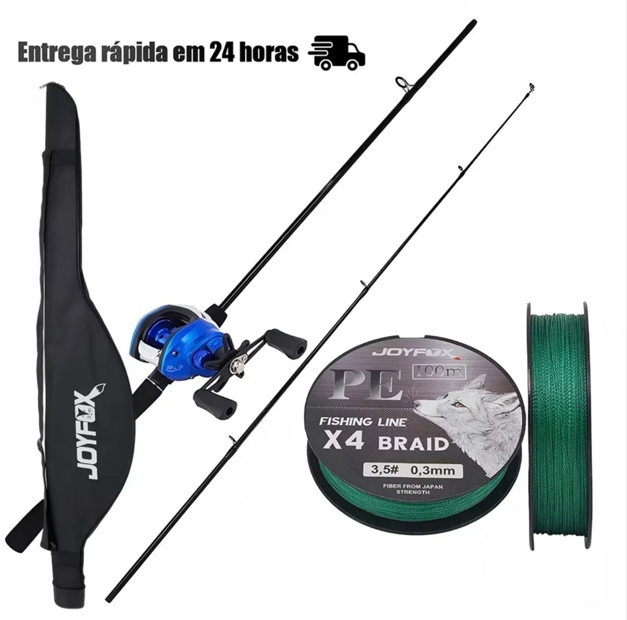 Tralha de pesca  carretilha e vara com capa e linha 