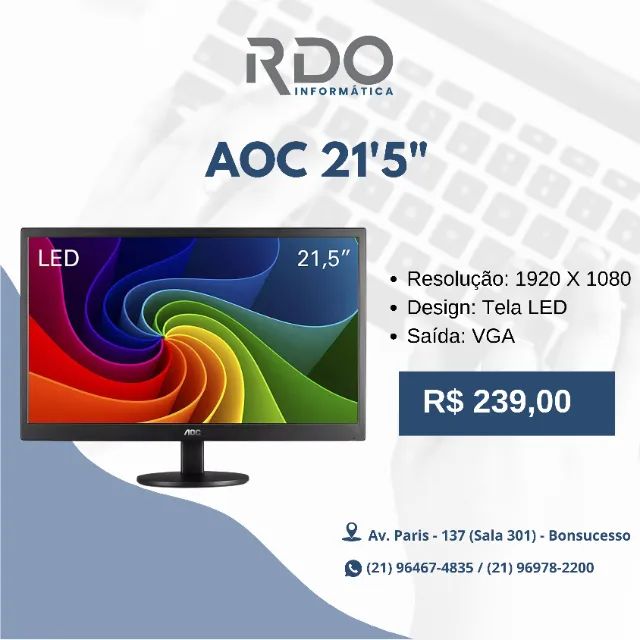 Monitor AOC 21,5? LED Full HD 1920x1080 VGA - Qualidade excelente e barato!
