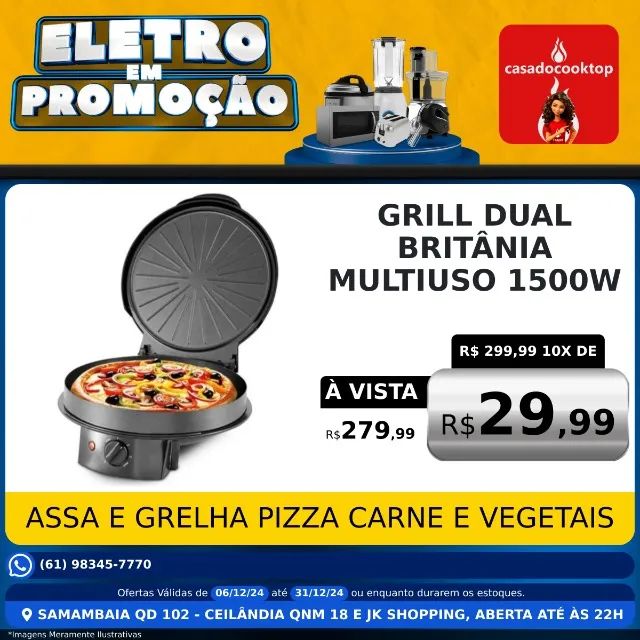 Grill Dual Britania 30cm Redonda assa Pizza , grelha Carnes e vegetais