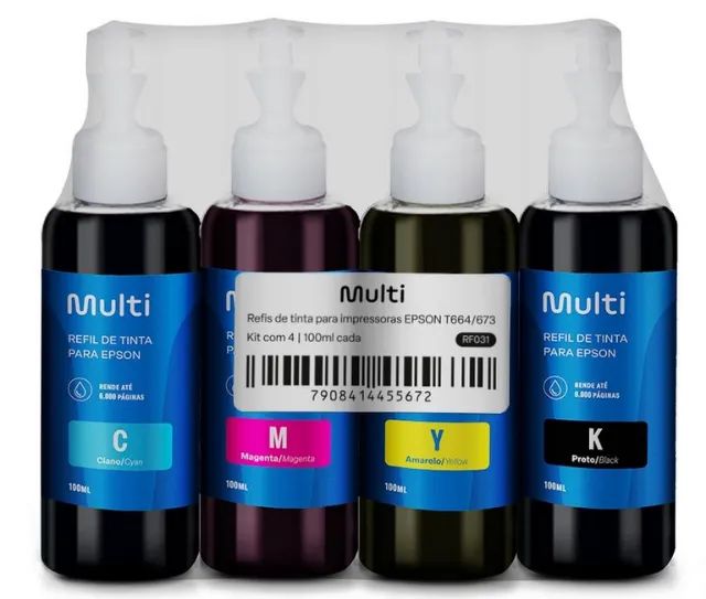 Kit Refil de Tinta para Impressoras Epson com 4 Cores T664 100ml Multi