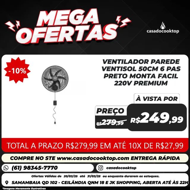 VENTILADOR PAREDE VENTISOL 50CM 6 PAS PRETO MONTA FACIL 220V PREMIUM