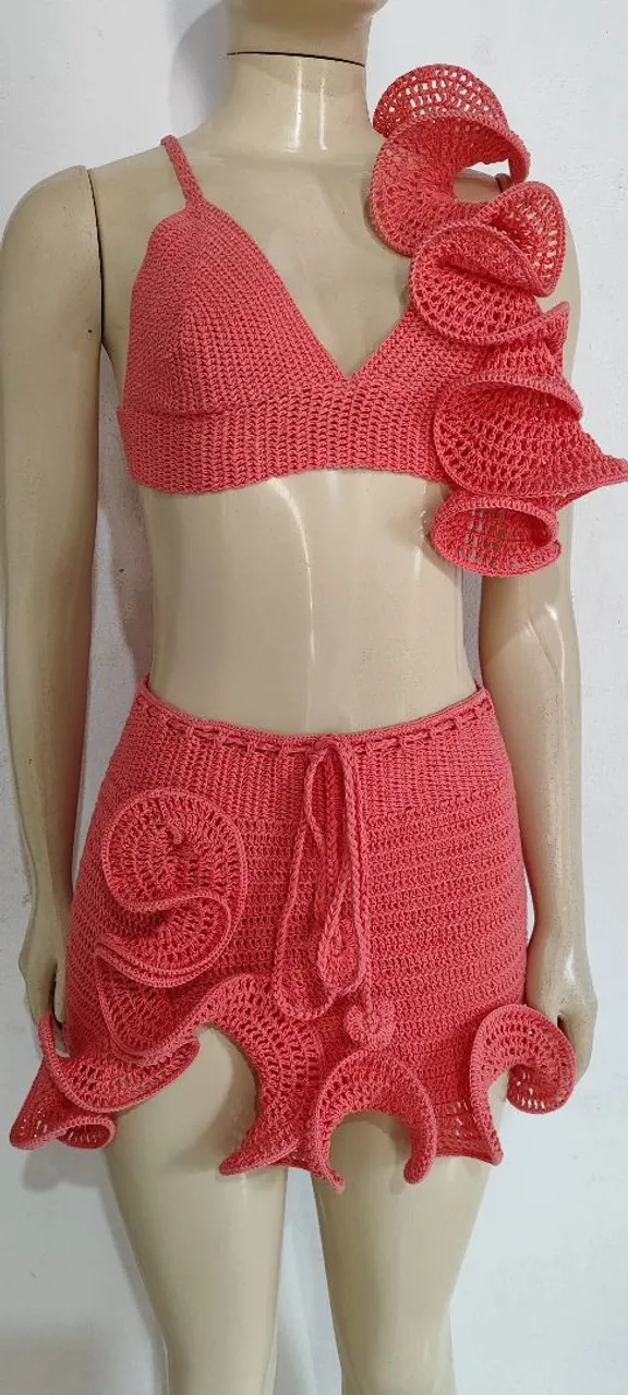 Conjunto de Biquíni Crochê Rosa