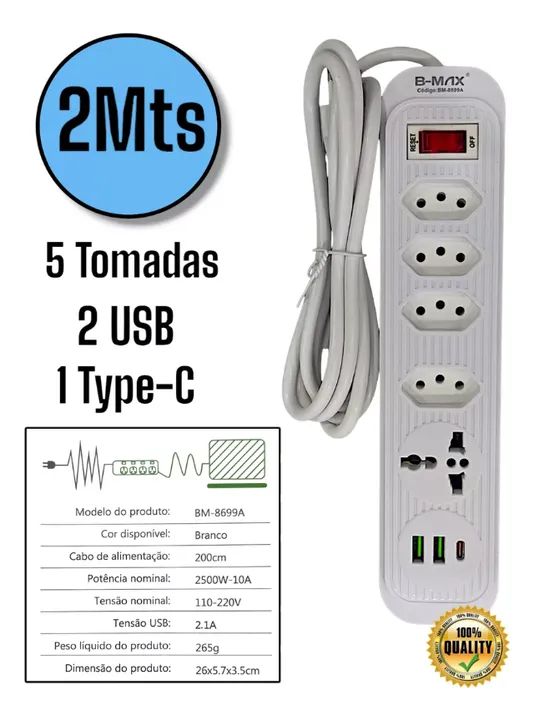 Extensão Filtro De Linha 5 Tomadas 2usb 1type-c Universal - Foto 3