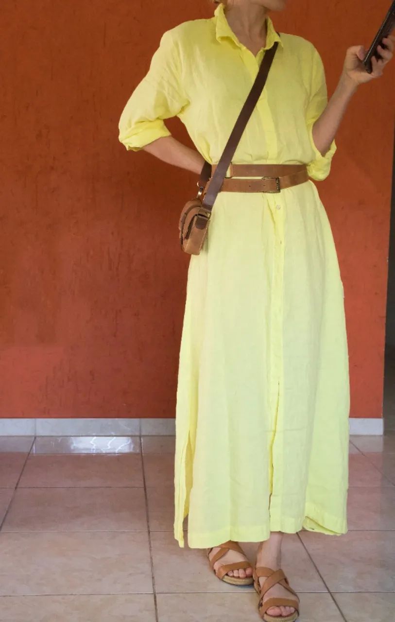 vestido chemise maxi de linho puro