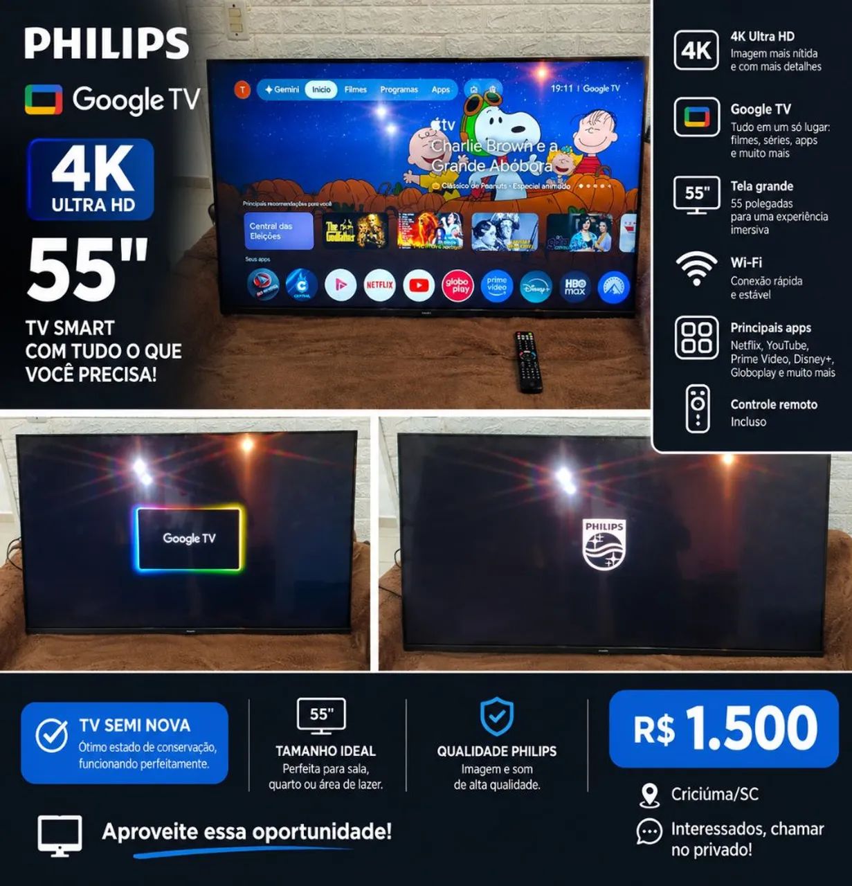 Vendo tv 4k 55 polegadas philco Google tv 