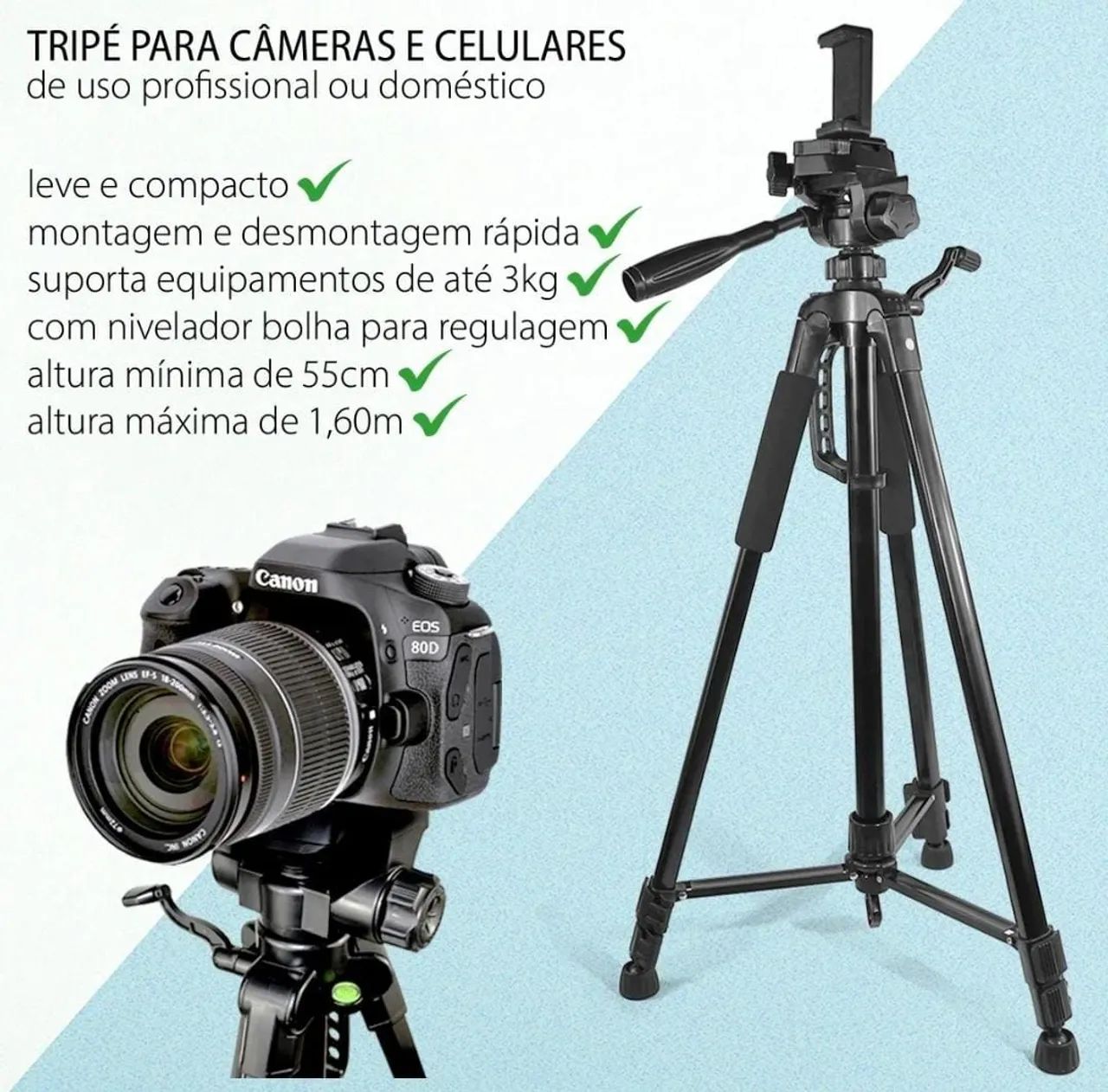 Suporte tripé profissional 1,60 metros pedestal celular camera - Foto 2