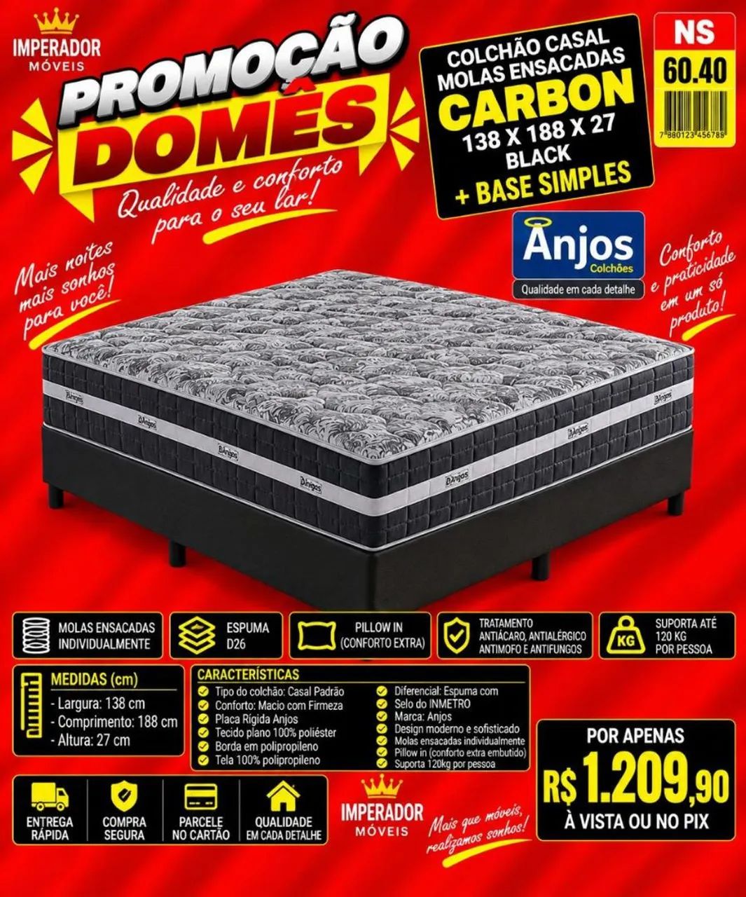 Colchão Casal molas ensacadas CARBON + Base Simples